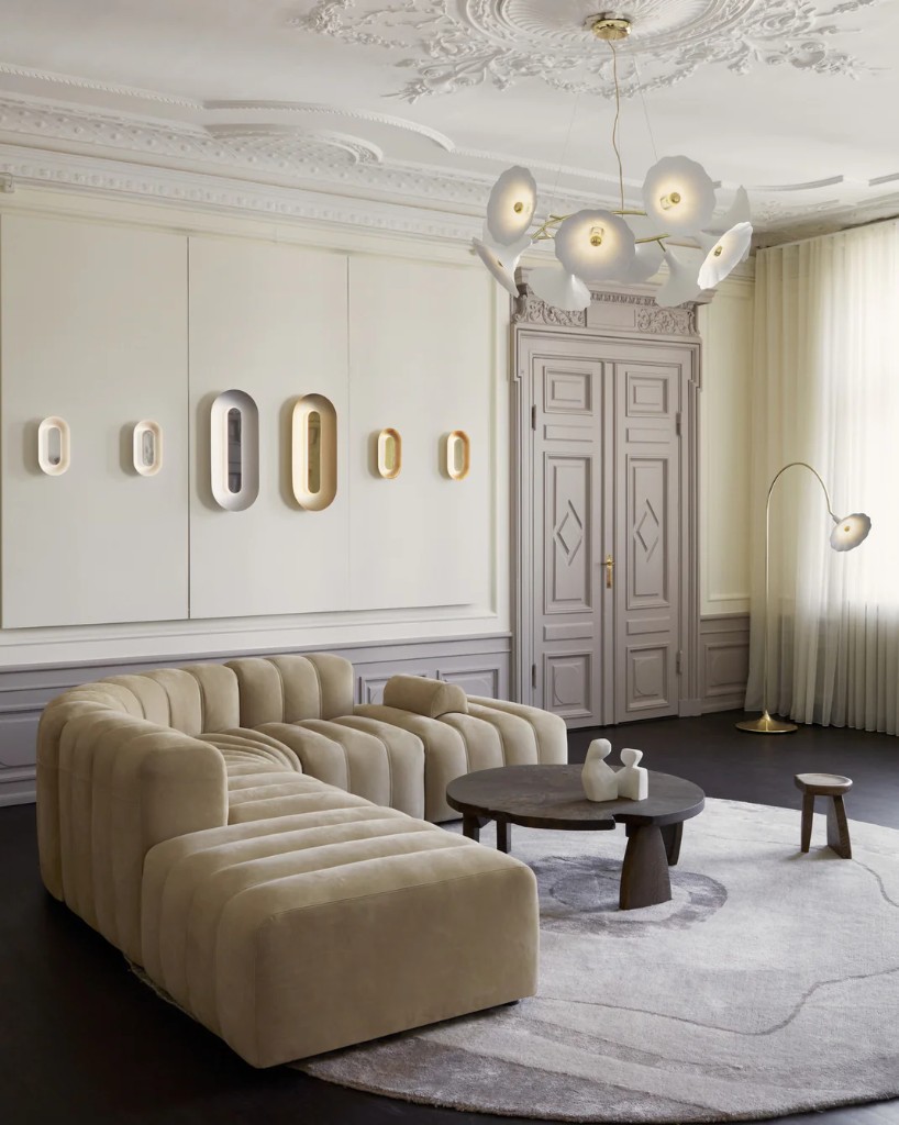 Elegant neutral lounge interior with statement sofa